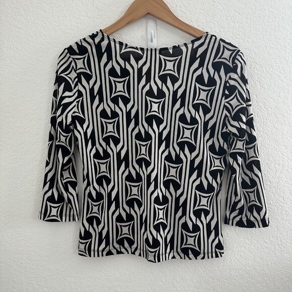 Cocomo Babydoll Blouse Womens M Black Geometric Pattern 3/4 Sleeve Stretch - Picture 4 of 9